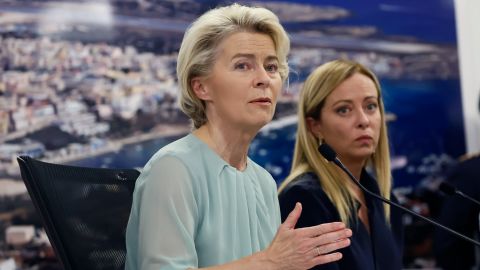 The President of the European Commission, Ursula von der Leyen, left, and Italy's Premier Giorgia Meloni, right, address the media during a joint press conference following a visit of the island of Lampedusa in Italy, Sunday, Sept. 17, 2023. EU Commission President Ursula von der Leyen and Italian Premier Giorgia Meloni on Sunday toured a migrant center on Italy's southernmost island of Lampedusa that was overwhelmed with nearly 7,000 arrivals in a 24-hour period this week.