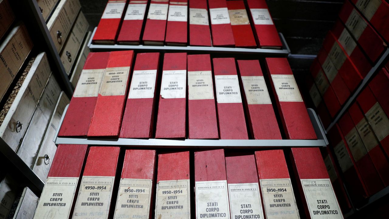 Folders containing documents on Pope Pius XII, who reigned from 1939-1958, are seen inside the Vatican archives ahead of the full opening of the secret archives to scholars on March 2, at the Vatican, February 27, 2020. 