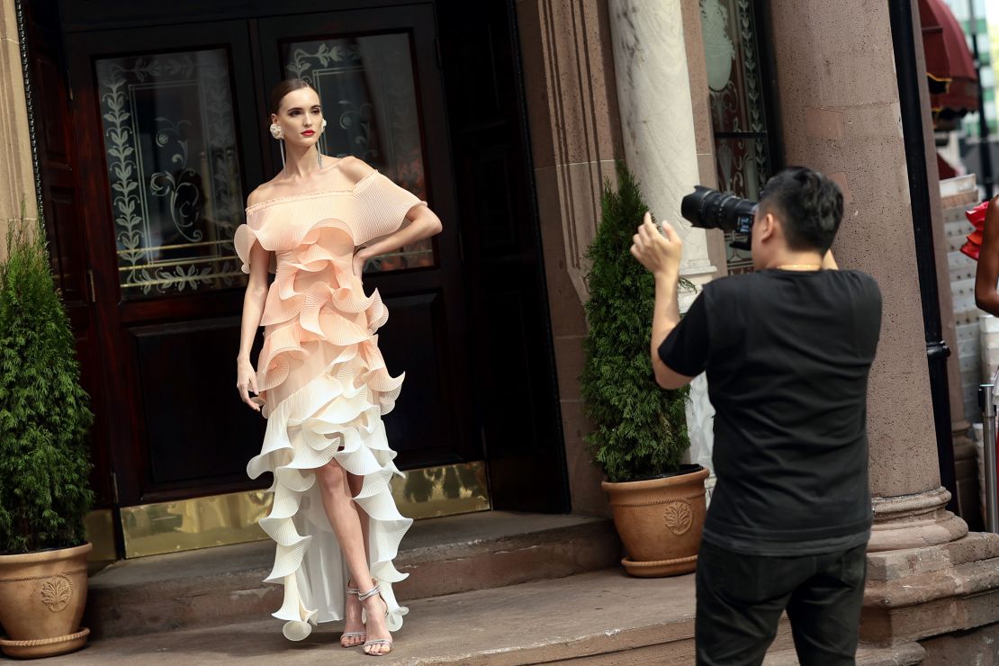 NEW YORK, NEW YORK - SEPTEMBER 13: A model poses at the Badgley Mischka Presentation during New York Fashion Week - September 2023 on September 13, 2023 in New York City. (Photo by Dimitrios Kambouris/Getty Images)