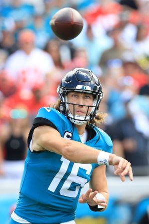 Jacksonville Jaguars quarterback Trevor Lawrence throws a pass during the first quarter against the Kansas City Chiefs at TIAA Bank Field on September 17. Lawrence threw for 216 yards during Jacksonville's 17-9 loss to Kansas City.