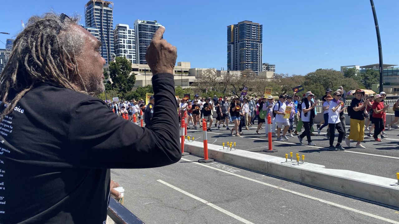 Aboriginal activist Wayne Wharton delivers his message to supporters at the "Walk for Yes" rally in Brisbane on Sunday, September 17.