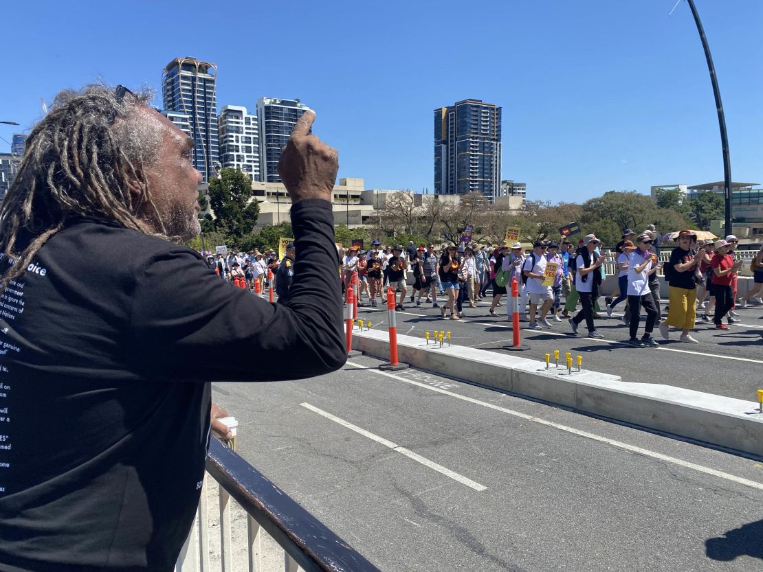 Aboriginal activist Wayne Wharton delivers his message to supporters at the "Walk for Yes" rally in Brisbane on Sunday, September 17.