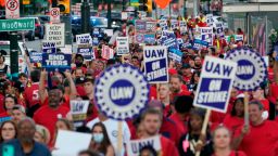 United Auto Workers members march through downtown Detroit, Friday, Sept. 15, 2023. The UAW is conducting a strike against Ford, Stellantis and General Motors. 