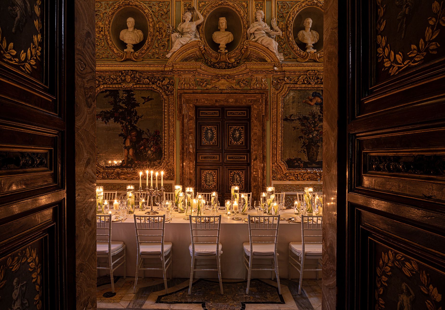 Candle-lit dinners are served in the stunning Mirrors Hall.