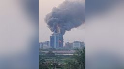 This picture taken on September 17 shows a raging fire at the Greater Nile Petroleum Oil Company Tower in Khartoum. 