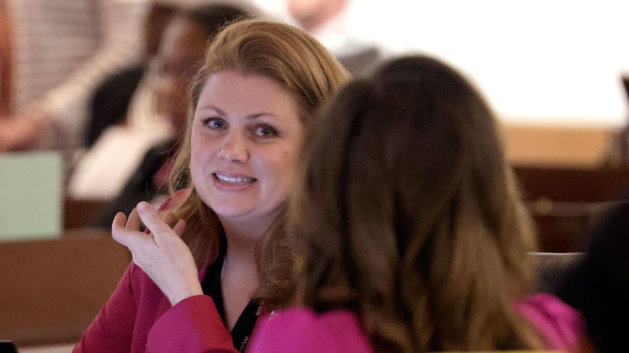 Republican North Carolina state Rep. Erin Paré confers with Tricia Ann Cotham on May 16 in Raleigh. Paré is running in a competitive US House district in 2024.
