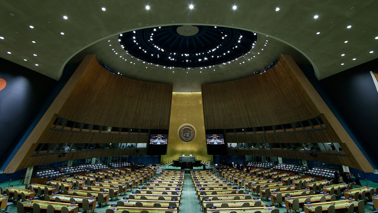 The UN General Assembly Hall before the 76th session General Debate at United Nations Headquarters, on September 20, 2021 in New York. 