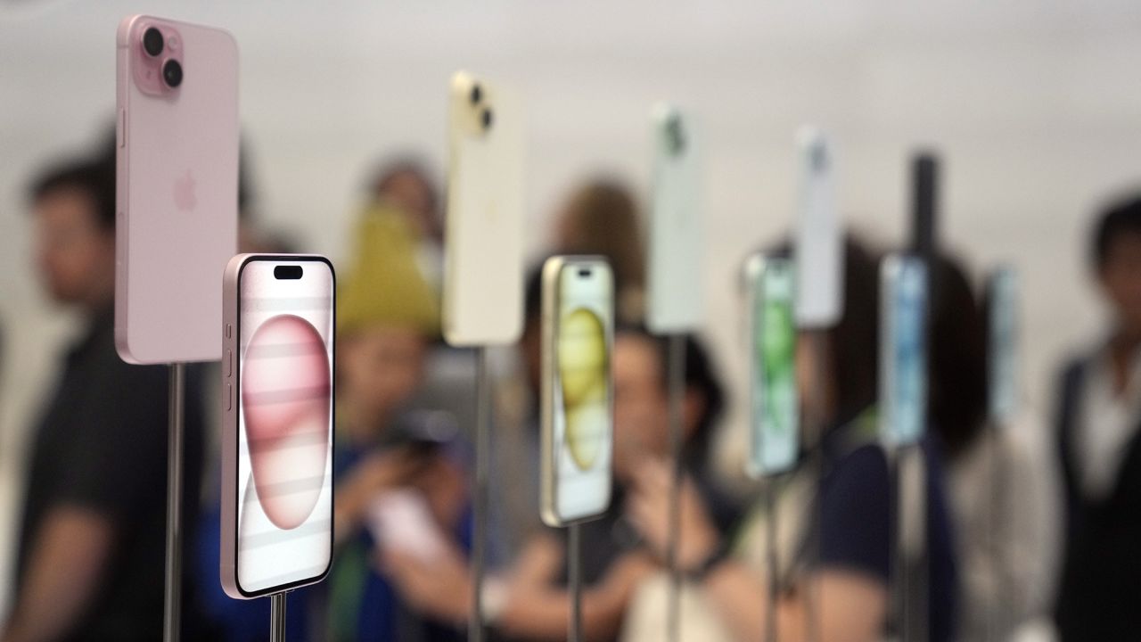 iPhone 15 and 15 Plus models are displayed during an announcement of new products on the Apple campus Tuesday, Sept. 12, 2023, in Cupertino, Calif.