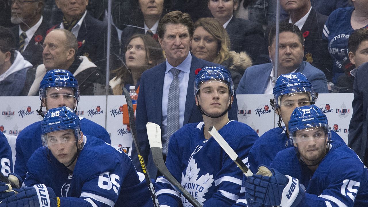 Nov 9, 2019; Toronto, Ontario, CAN; Toronto Maple Leafs head coach Mike Babcock watches the play during the second period against the Philadelphia Flyers at Scotiabank Arena. Mandatory Credit: Nick Turchiaro-USA TODAY Sports