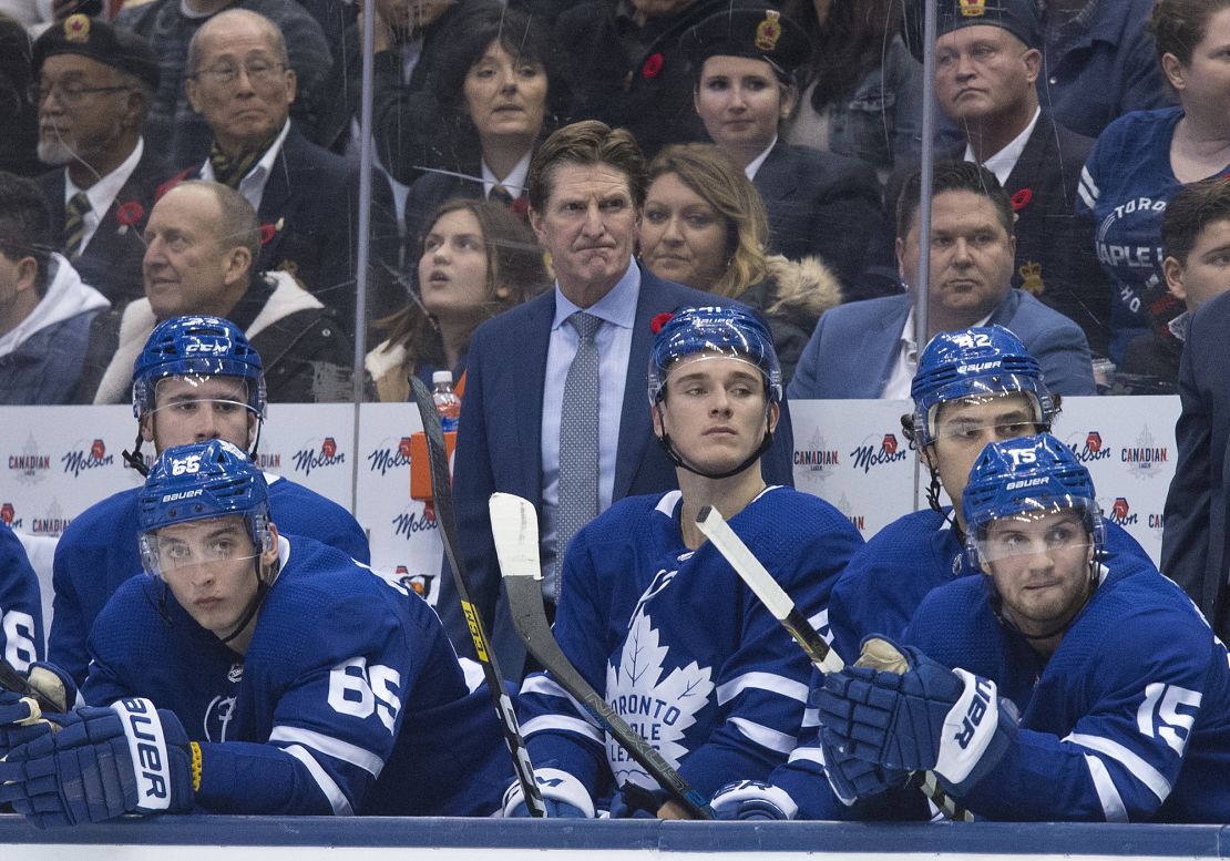 Nov 9, 2019; Toronto, Ontario, CAN; Toronto Maple Leafs head coach Mike Babcock watches the play during the second period against the Philadelphia Flyers at Scotiabank Arena. Mandatory Credit: Nick Turchiaro-USA TODAY Sports