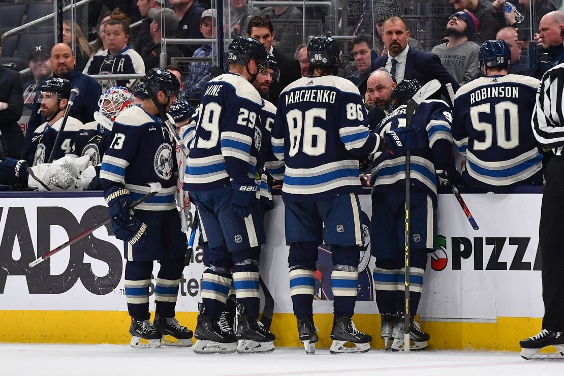 COLUMBUS, OHIO - FEBRUARY 23: Associate coach Pascal Vincent of the Columbus Blue Jackets talks with his players during a timeout in the third period of a game against the Minnesota Wild at Nationwide Arena on February 23, 2023 in Columbus, Ohio. (Photo by Ben Jackson/NHLI via Getty Images)