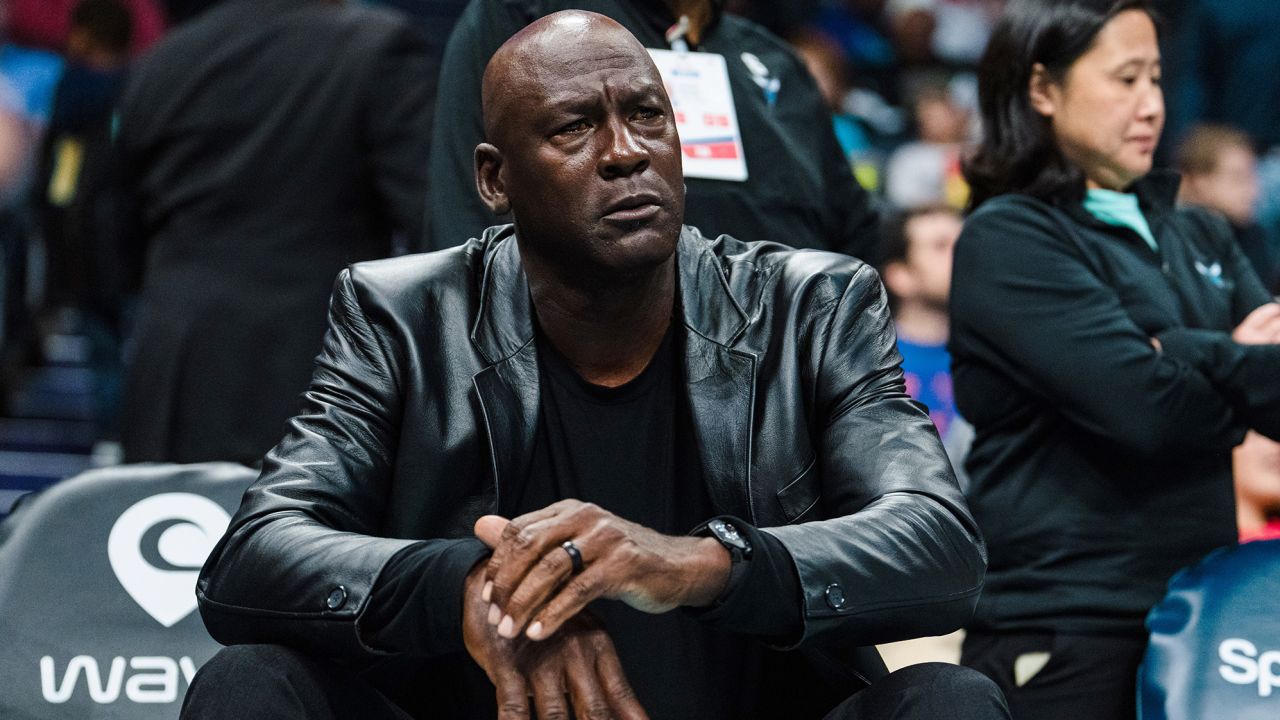 CHARLOTTE, NC - MARCH 3: Charlotte Hornets owner Michael Jordan looks on during the fourth quarter of a game against the Orlando Magic at Spectrum Center on March 3, 2023 in Charlotte, North Carolina Contest. Notice to User: User expressly acknowledges and agrees that by downloading and/or using this photo, User agrees to the terms and conditions of the Getty Images License Agreement.  (Photo by Jacob Kupferman/Getty Images)