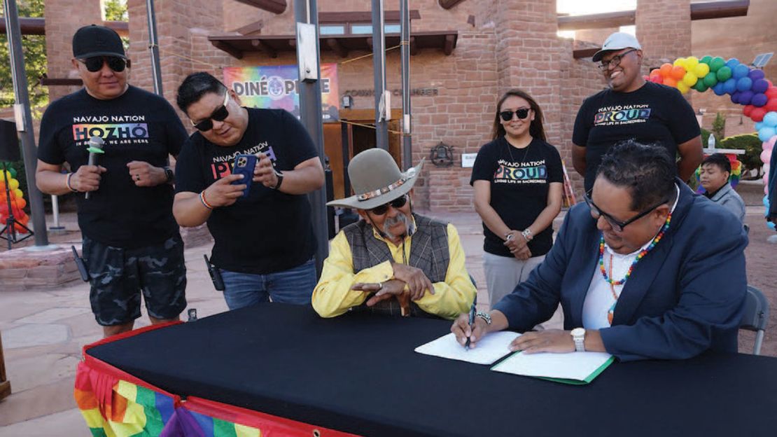 Delegate Seth Damon, right, sponsored and signed Legislation 0139-23, which aims to repeal Title 9 of the Navajo Nation Code to recognize same-sex marriages. Delegate Damon is joined by former 24th Council Delegate Eugene Tso.