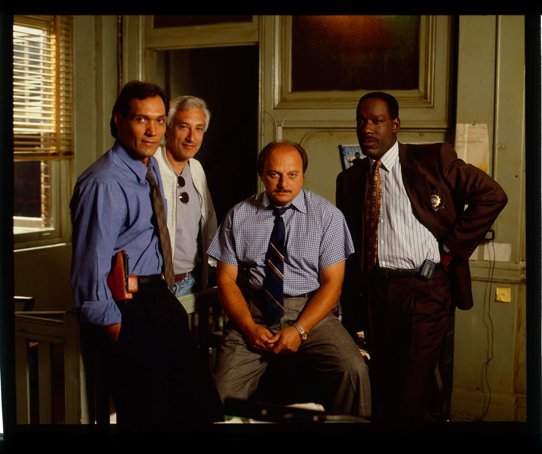 Jimmy Smits, co-creator Steven Bochco, Dennis Franz and James McDaniel on the set of "NYPD Blue" in 1994.