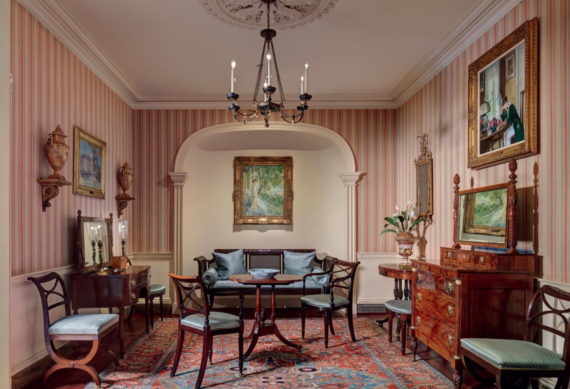 The Dolley Madison Powder Room. Designed by John Blatteau, visitors can take in late 19th-century artworks from American impressionists Childe Hassam and Edmund C. Tarbell.
