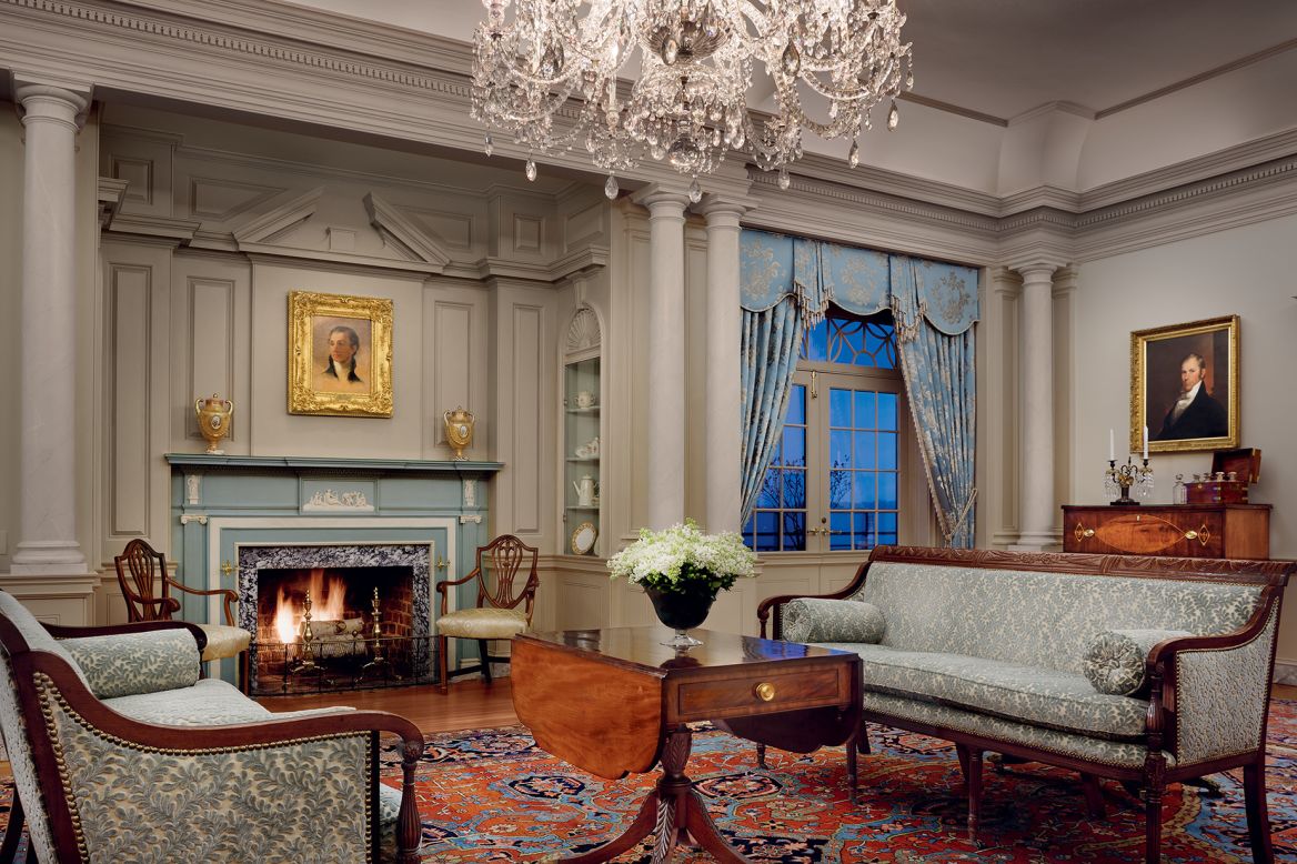 The James Monroe State Reception Room, which was designed by Walter M. Macomber. Inspired by Virginia plantation houses, the room features a fireplace mantel from the early 1800s.