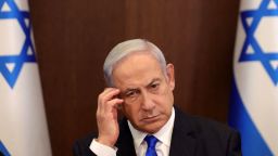 Israeli Prime Minister Benjamin Netanyahu attends the weekly cabinet meeting in his office in Jerusalem, on June 25, 2023.
