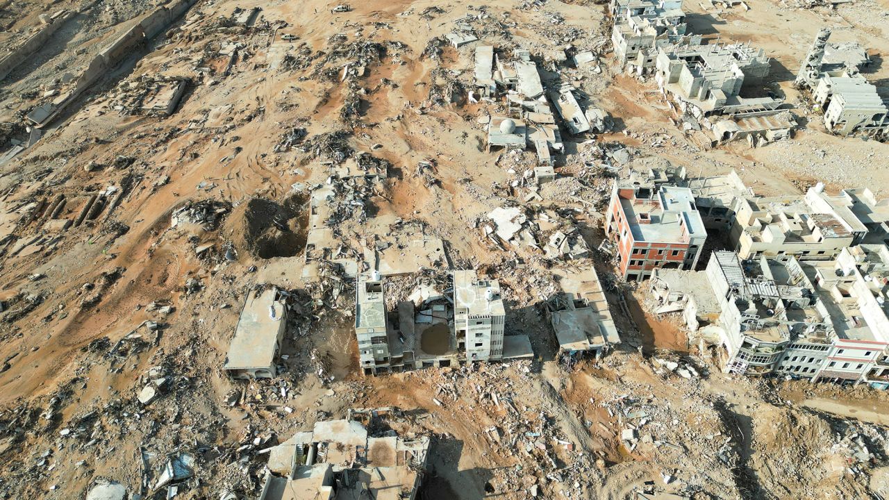 Destroyed houses in the city of Derna on September 16, 2023, after a powerful storm and heavy rainfall hit Libya.