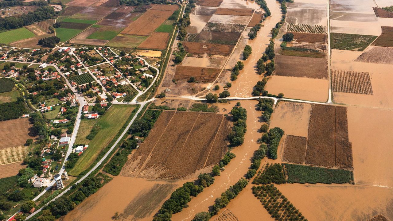 A collapsed bridge near the Pinios River Delta on the coast of Larissa, Greece, ten days after Storm Daniel, on September 14, 2023. 
