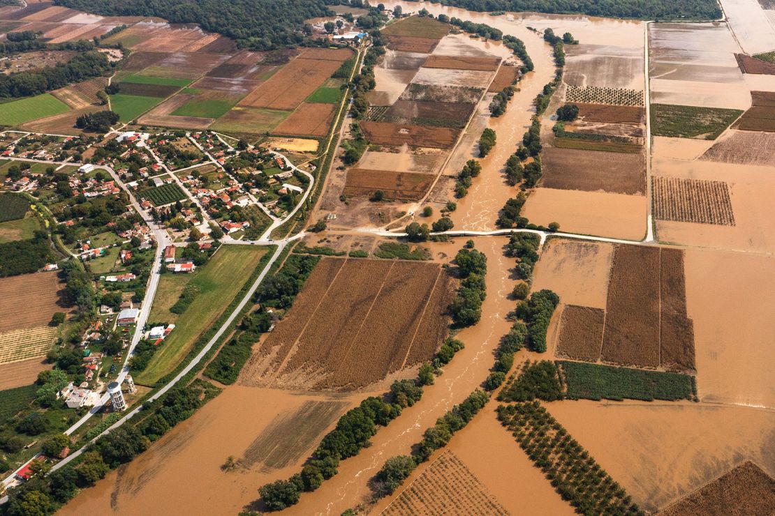 A collapsed bridge near the Pinios River Delta on the coast of Larissa, Greece, ten days after Storm Daniel, on September 14, 2023.