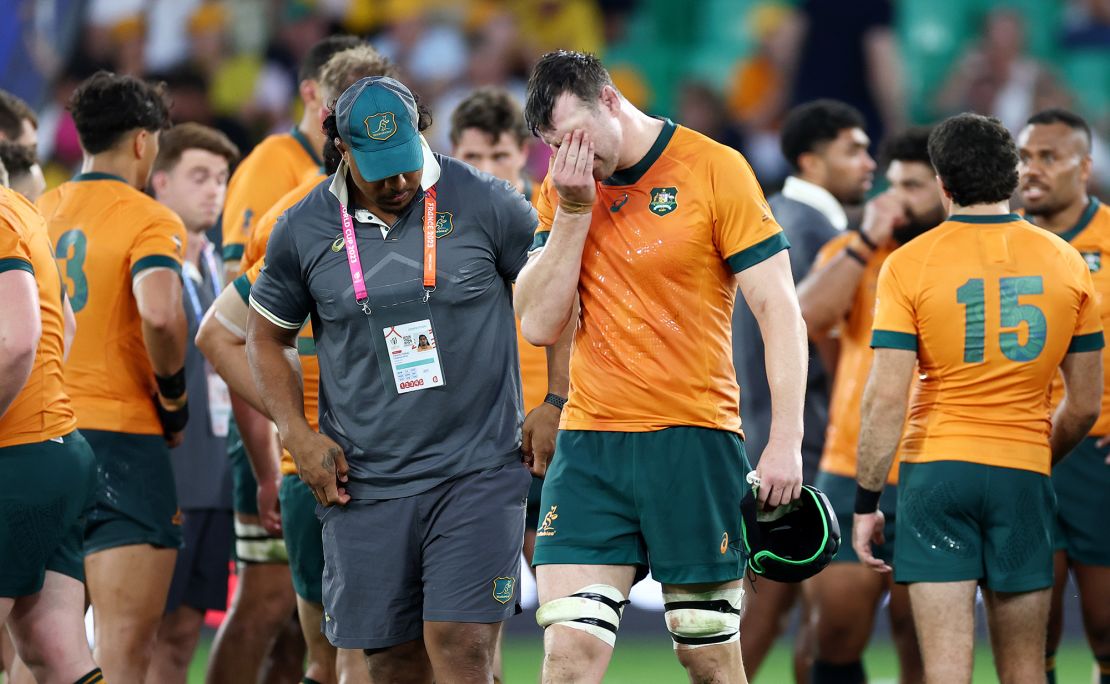 SAINT-ETIENNE, FRANCE - SEPTEMBER 17: Nick Frost of Australia looks dejected after the Rugby World Cup France 2023 match between Australia and Fiji at Stade Geoffroy-Guichard on September 17, 2023 in Saint-Etienne, France. (Photo by Chris Hyde/Getty Images)