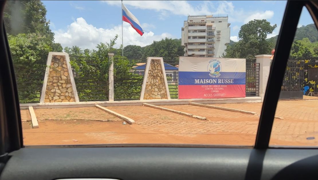 The Russian flag flying outside la Maison Russe, or the Russian House, a cultural center in Bangui.