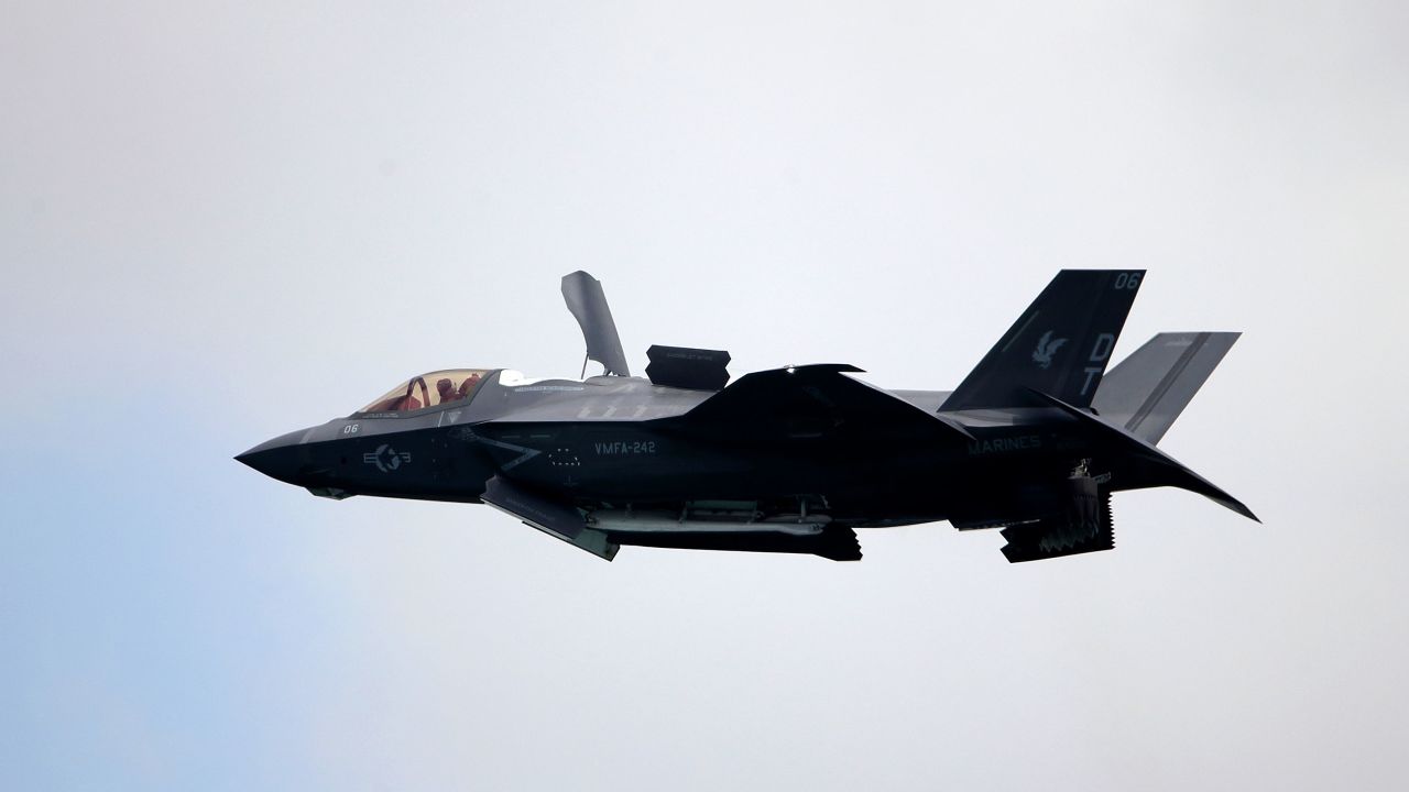 In this February 2022 photo, a US Marine Corps F-35B Lightning II takes part in an aerial display during the Singapore Airshow 2022 at Changi Exhibition Centre.