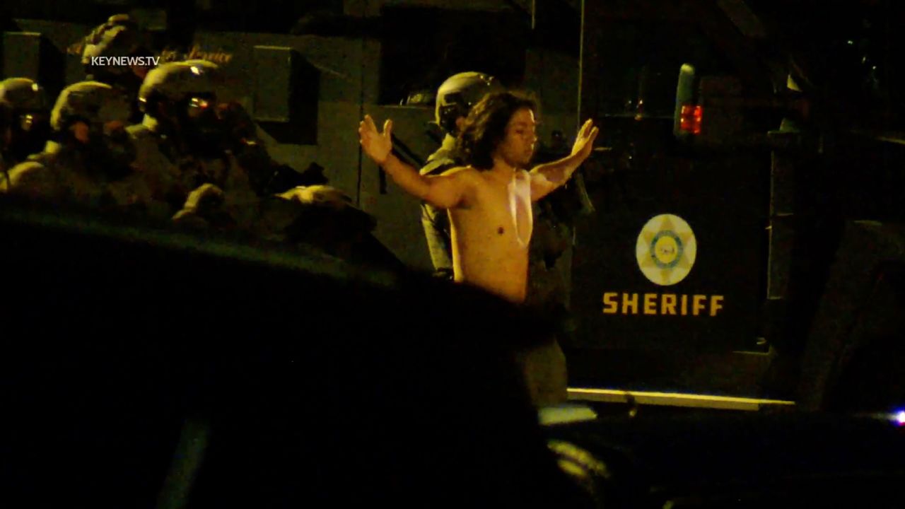 Kevin Cataneo Salazar surrenders following an hourslong standoff on September 18, 2023, in Palmdale, California. 
