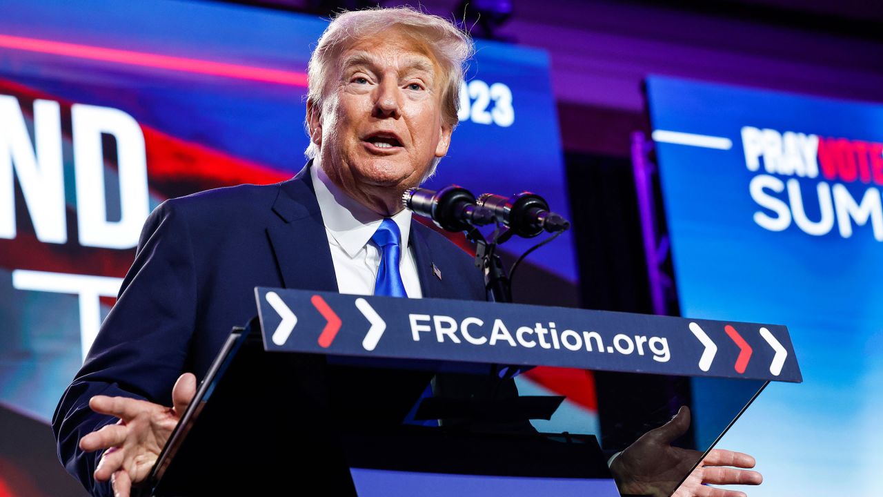 Republican presidential candidate, former President Donald Trump speaks at the Pray Vote Stand Summit at the Omni Shoreham Hotel on September 15, 2023 in Washington, DC.