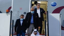 TOPSHOT - US citizens Siamak Namazi (R-back), Emad Sharqi (L) and Morad Tahbaz (C) disembark from a Qatari jet upon their arrival at the Doha International Airport in Doha on September 18, 2023. Five US detainees, three previously identified as Siamak Namazi, Morad Tahbaz and Emad Sharqi and two who wish to remain anonymous, released by Iran landed in Doha in a prisoner swap on September 18 after $6 billion in frozen funds were transferred to Iranian accounts in Qatar. (Photo by Karim JAAFAR / AFP) (Photo by KARIM JAAFAR/AFP via Getty Images)