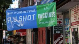 NEW YORK, NEW YORK - SEPTEMBER 01: A banner for vaccines is seen at a pharmacy on September 01, 2023 in the Flatbush neighborhood of Brooklyn borough in New York City. A spike in late summer coronavirus (COVID-19) positive cases in the U.S. has some schools, hospitals, and businesses encouraging and at times requiring people to start masking up again. Recent data from the Centers for Disease Control and Prevention reports that hospitalizations have increased by nearly 19% in a single week and deaths by more than 21% nationwide. (Photo by Michael M. Santiago/Getty Images)