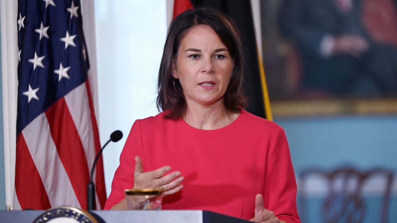 German Foreign Minister Annalena Baerbock speaks during a press conference at the US Department of State in Washington, DC, on September 15.