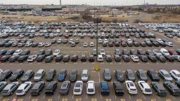 Recently manufactured vehicles are parked awaiting shipment near Ford's Oakville Assembly Plant in Oakville, Ontario, Canada April 11, 2023.  REUTERS/Carlos Osorio