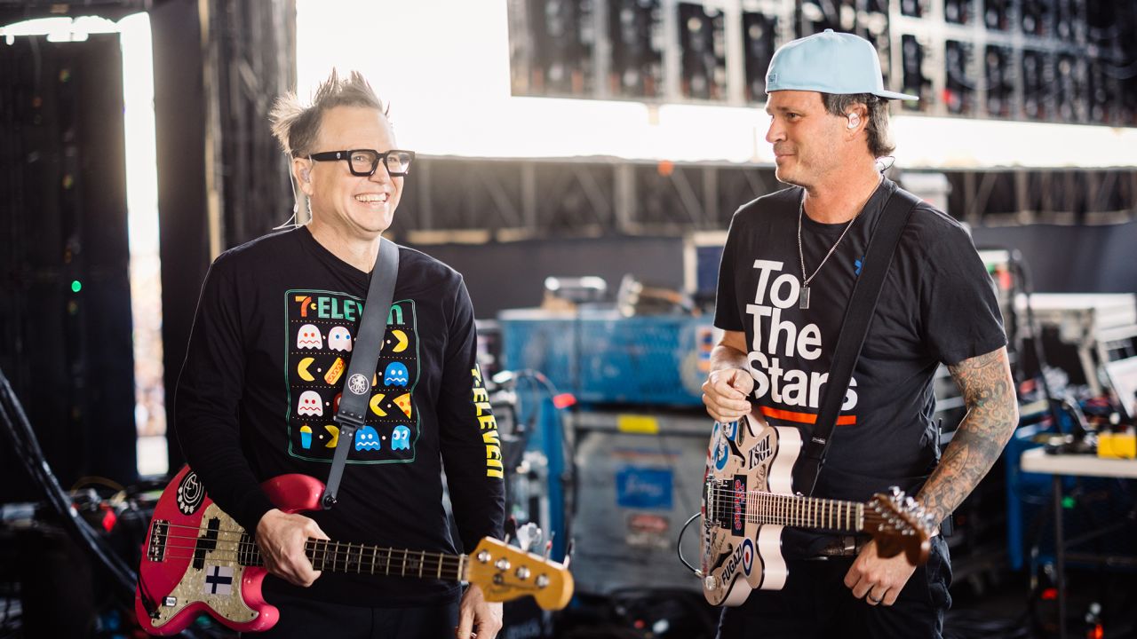 Mark Hoppus and Tom DeLonge of Blink-182 pose backstage at the Sahara Tent during the 2023 Coachella Valley Music and Arts Festival on April 14, 2023 in Indio, California. 