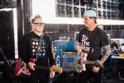 Mark Hoppus and Tom DeLonge of Blink-182 pose backstage at the Sahara Tent during the 2023 Coachella Valley Music and Arts Festival  on April 14, 2023 in Indio, California. 