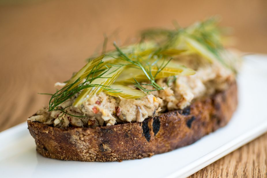 The Tail Up Goat restaurant in Washington, DC, serves toasted seaweed sourdough topped with pickled fennel.