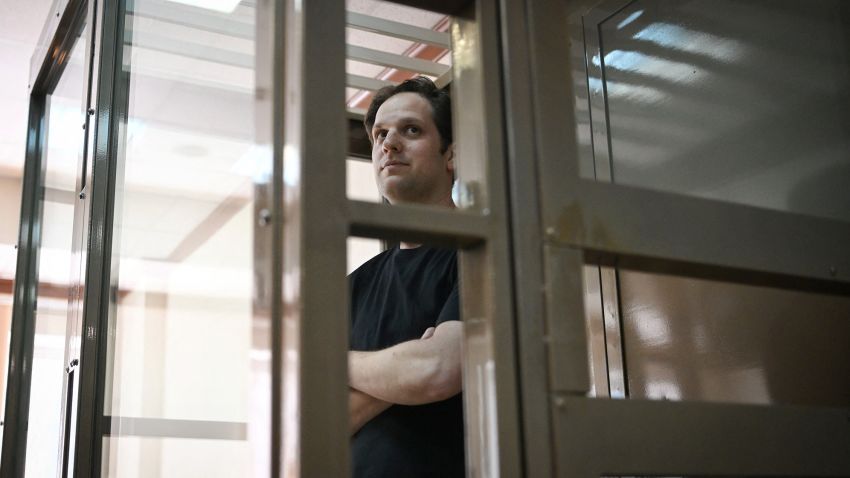 US journalist Evan Gershkovich, arrested on espionage charges, stands inside a defendants' cage before a hearing to consider an appeal on his extended detention at The Moscow City Court  in Moscow on June 22, 2023. (Photo by Natalia KOLESNIKOVA / AFP) (Photo by NATALIA KOLESNIKOVA/AFP via Getty Images)