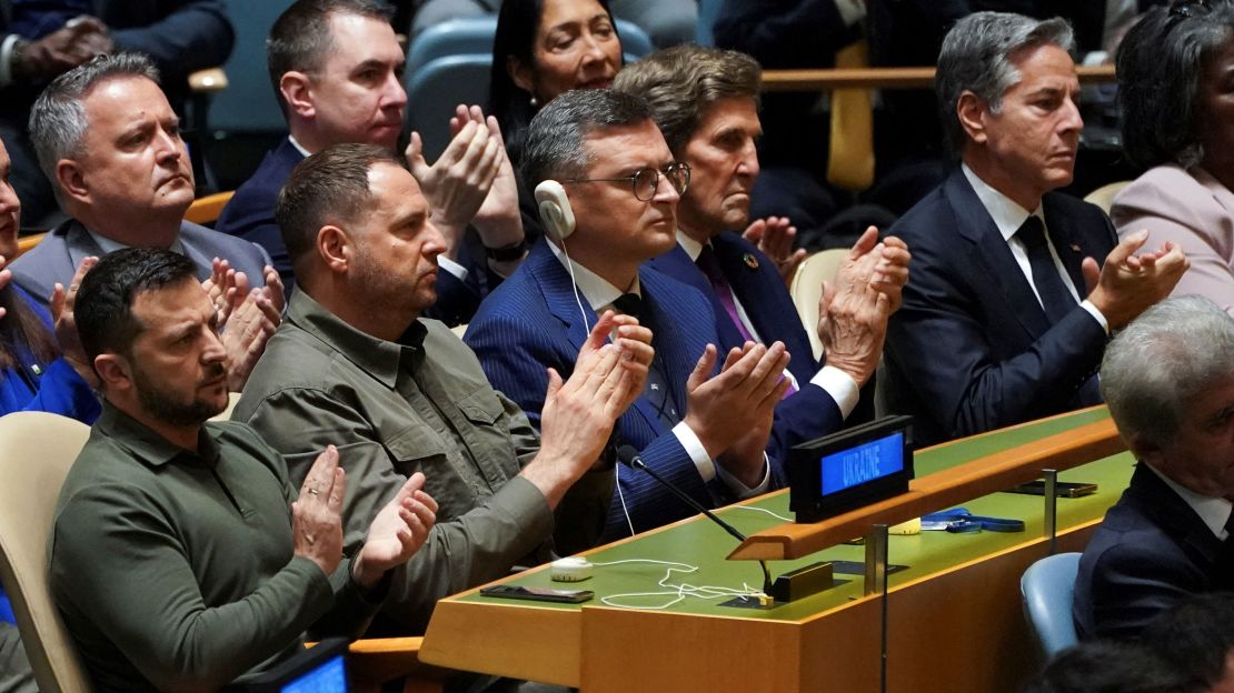 Ukraine's President Volodymyr Zelenskiy applauds US President Joe Biden along with his Ukrainian delegation and the US delegation including United States Special Presidential Envoy for Climate John Kerry and US Secretary of State Antony Blinken during the 78th Session of the UN General Assembly in New York on September 19.
