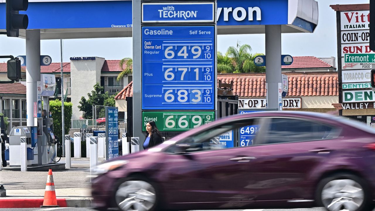 A sign displays the price of gas at more than 6 USD per gallon, at a petrol station in Alhambra, California, on September 18, 2023. Oil prices hit a 10-month high on September 15, 2023, after oil supply cuts in Saudi Arabia and Russia, as well as deadly flooding in Libya, have raised oil prices close to 100 USD per barrel.