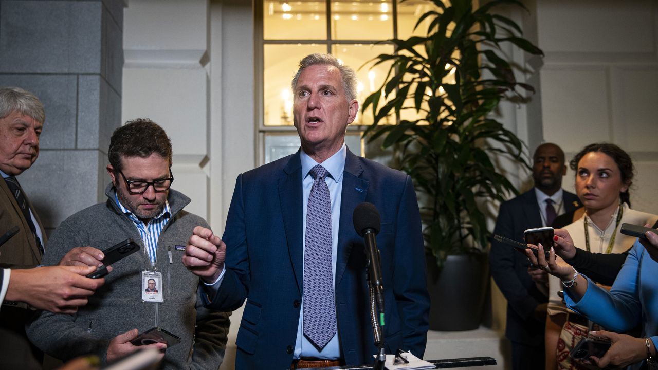 US House Speaker Kevin McCarthy speaks to members of the media following a House caucus meeting at the US Capitol in Washington, DC, on Tuesday, Sept. 19, 2023. 