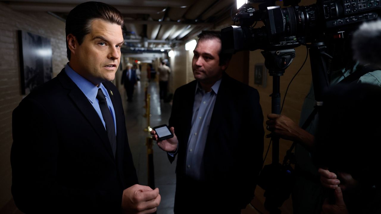 Representative Matt Gaetz speaks as he walks to a meeting of the House Republican Conference at the Capitol September 19, 2023 in Washington, DC. 