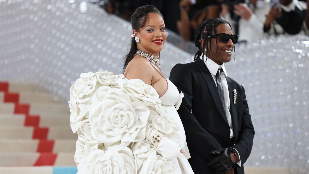 Rihanna and ASAP Rocky pose at the Met Gala, an annual fundraising gala held for the benefit of the Metropolitan Museum of Art's Costume Institute with this year's theme "Karl Lagerfeld: A Line of Beauty", in New York City, New York, on May 1, 2023. 
