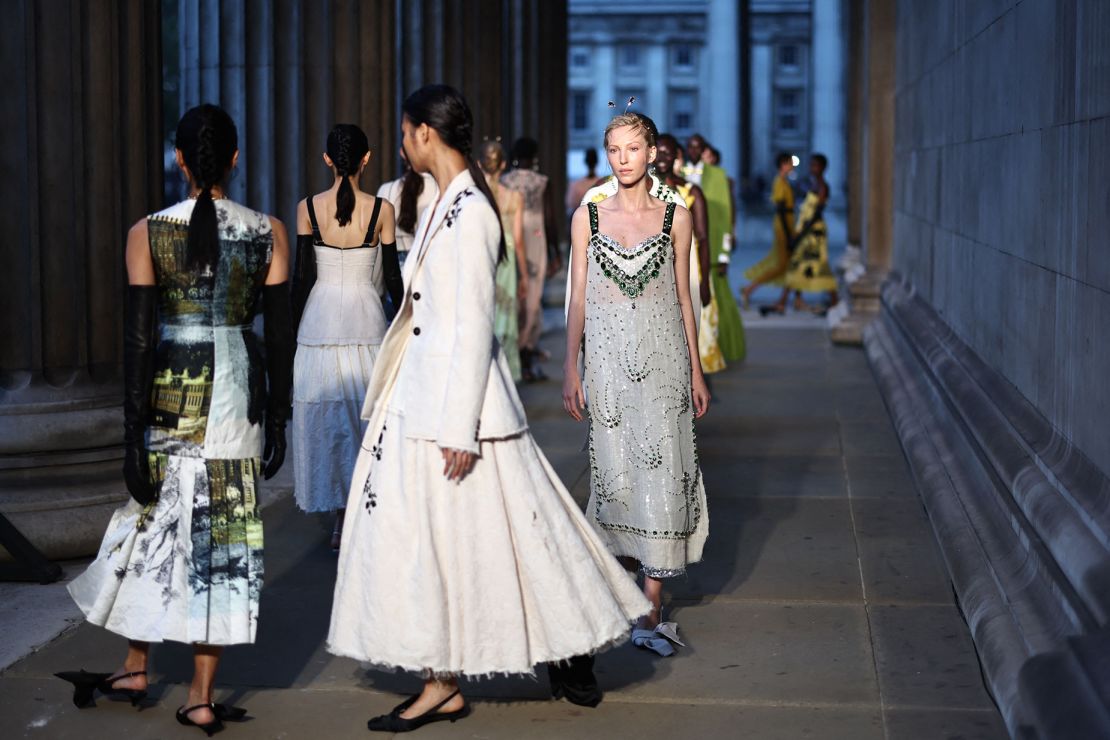 Models present creations by Erdem during a catwalk presentation for their Spring/Summer 2024 collection, at the British Museum during London Fashion Week in London, on September 17, 2023. (Photo by HENRY NICHOLLS / AFP) (Photo by HENRY NICHOLLS/AFP via Getty Images)