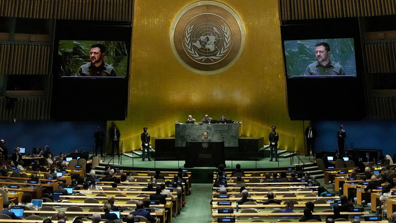 Zelensky addresses the United Nations General Assembly on September 19.