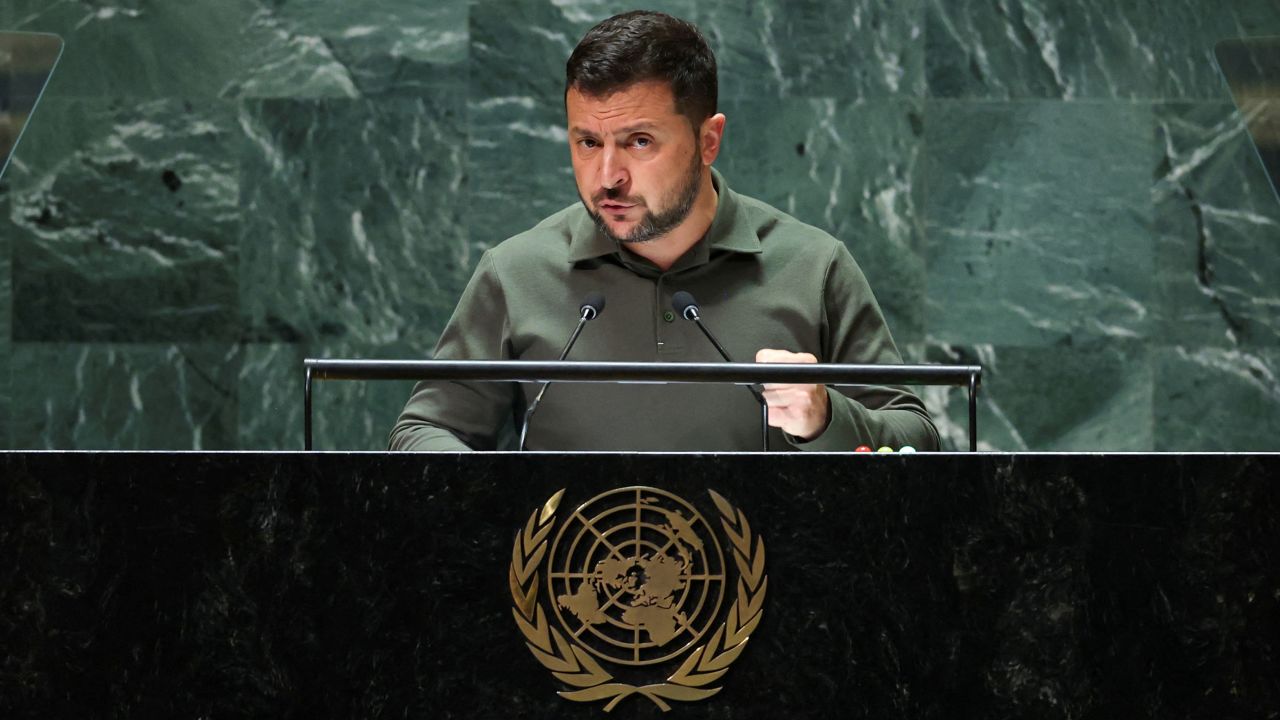 Zelensky addresses the UN General Assembly in New York City on Sept 19.