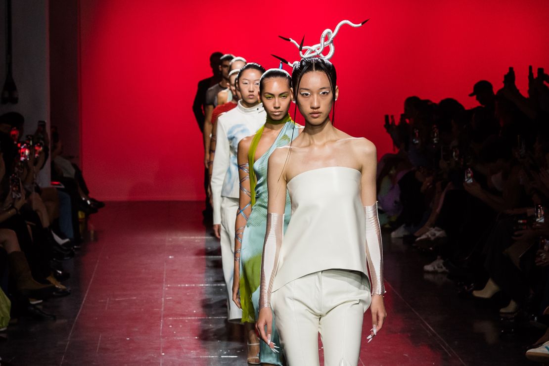 LONDON, UNITED KINGDOM - SEPTEMBER 18, 2023: Models walk the runway during Chet Lo Spring / Summer 2024 show at London Fashion Week in London, United Kingdom on September 18, 2023. (Photo credit should read Wiktor Szymanowicz/Future Publishing via Getty Images)