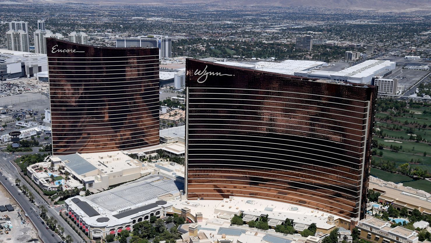 An aerial view shows Encore Las Vegas (L) and Wynn Las Vegas on May 21, 2020 in Las Vegas, Nevada.