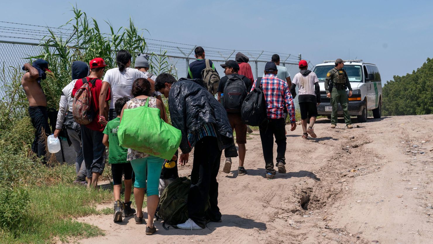 A group of migrants who have crossed into the US from Mexico seen in Eagle Pass, Texas, on August 25.