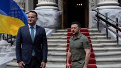 Irish Prime Minister Leo Varadkar (L) poses with Ukrainian President Volodymyr Zelensky as he arrives for a meeting in Kyiv, on July 19, 2023, amid Russia's military invasion on Ukraine. (Photo by CLODAGH KILCOYNE / POOL / AFP) (Photo by CLODAGH KILCOYNE/POOL/AFP via Getty Images)