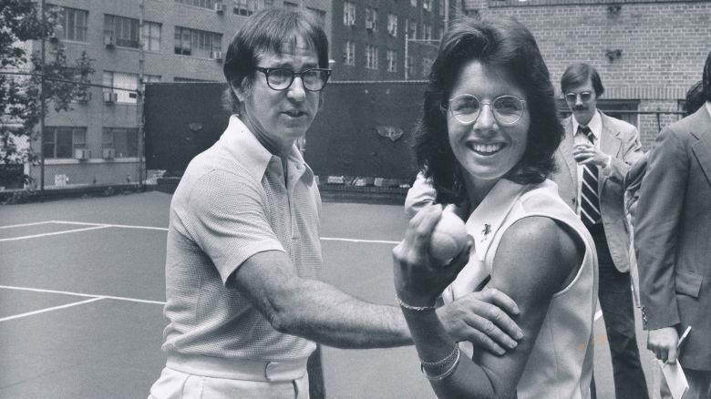 Walt Disney Television via Getty Images SPORTS - PRESS EVENT FOR "BATTLE OF THE SEXES" TENNIS - On 9/20/73 A crowd of 30,472 and an estimated TV audience of 40 million (the largest ever live audience for a tennis match in primetime) witnessed Billie Jean King, 29, defeat Bobby Riggs, 55, in three straight sets, 6-4, 6-3, 6-3, in the "Battle of the Sexes".  (Ann Limongello/Disney General Entertainment Content via Getty Images Photo Archives)talent: BOBBY RIGGS; BILLIE JEAN KINGphotographer: Ann Limongellocredit: Walt Disney Television via Getty Imagessource: American Broadcasting Companies, Inc.cap writer: WW/AL